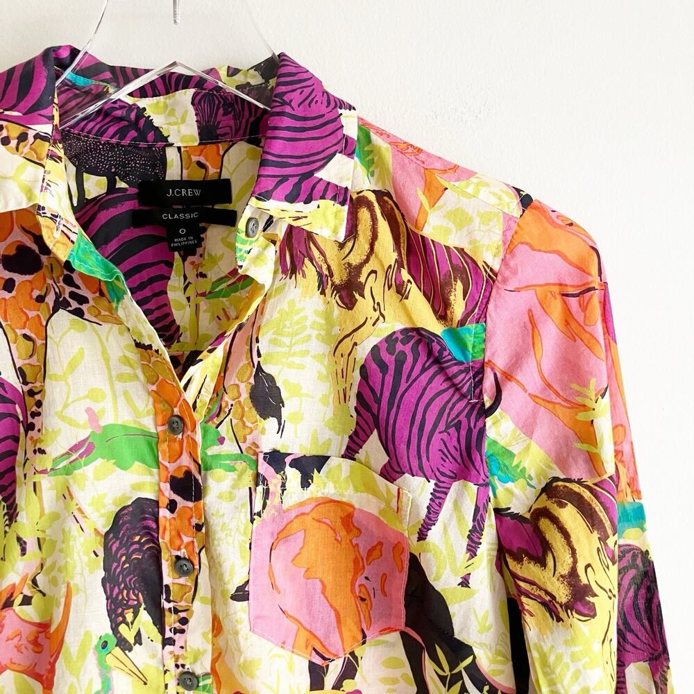 J Crew Women Classic Popover Blouse Sz 0 Safari Ratti Animals AN100 100% Cotton - Picture 2 of 9